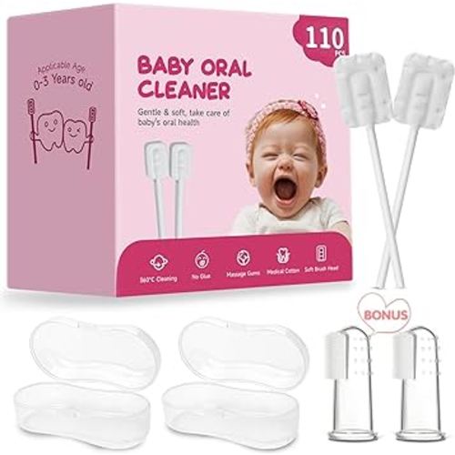 110Pcs Baby Tongue Cleaner, Baby Toothbrush, Newborn Baby Oral Cleaner, Disposable Infant Toothbrush Baby Mouth Cleaner, Gum Cleaner Stick Dental Care for 0-36 Month Baby+2 Finger Toothbrush