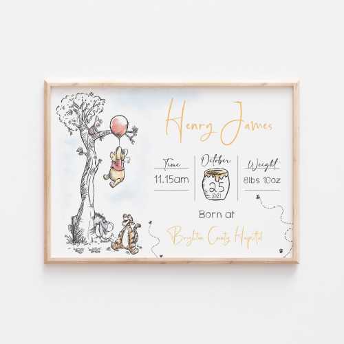 Personalised Winnie The Pooh Disney Birth Print, Winnie The Pooh Nursery Decor, Piglet wall Print, Eeyore Room Keep Sake, Winnie Pooh Gifts