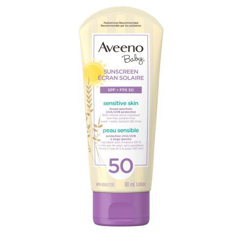 Aveeno Baby Mineral Sunscreen Lotion SPF 50 - 100% Naturally Sourced Zinc Oxide for Sensitive Skin - Water Resistant, 88 mL