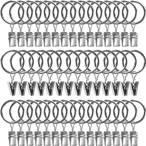 AMZSEVEN 44 Pack Metal Curtain Rings with Clips, Curtain Hangers Clips, Drapery Clips with Rings, Drapes Rings 1 in Interior Diameter, Fits Diameter 5/8 in Curtain Rod, Silver