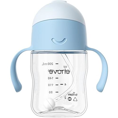 Evorie Tritan Baby Sippy Cup Weighted Gravity Straw Toddler Beginner Training Bottle, 7 Oz Leakproof Award Winning Infant Water Bottle with Handles for 6 months above