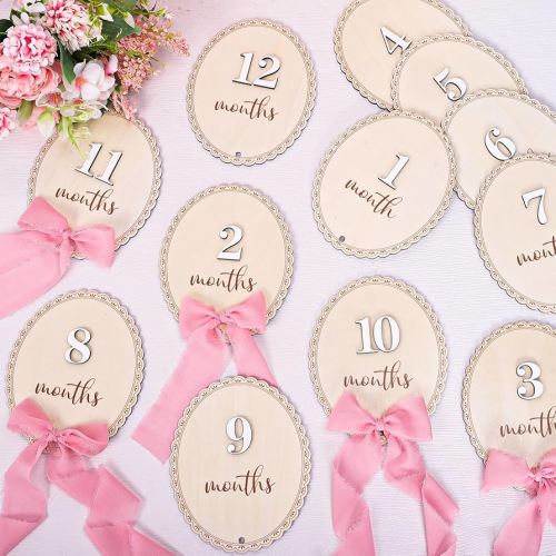12 Pcs Baby Monthly Milestone Cards with Pink Ribbon Bow Wooden Marker Discs Month Announcement Sign for Pregnancy Newborn Baby Growth Photo Prop Decor Supplies