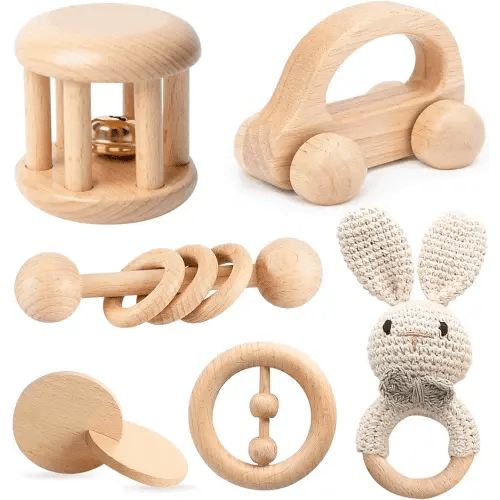Wooden Baby Toys, 6PCS Wooden Rattle for Baby, Montessori Toys for Babies 0-6 -12 Months, Wood Rattles Set for Infant Grasping, Wooden Rattles Push Car Crochet Bunny Rattle Toy for Newborn Infant