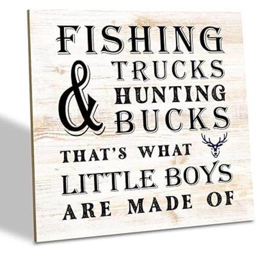 Nursery Decor, Wood Plaque Table Art Sign 6.2*6.2inch, Nursery Table Decor for Baby Boys Toddlers, Desk Decor Art, Sportsman Wood Sign, Fishing Trucks Hunting Bucks That's What Little Boys are Made Of