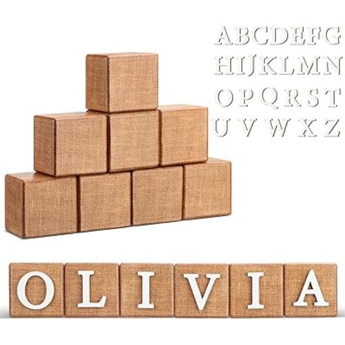 Kigley 8 Pcs Custom Wooden Name Sign 8 Letter Baby Blocks and 78 Wooden Letter Nursery Name Wooden Cubes Baby Wooden Blocks for Nursery Montessori Baby Shower Name Alphabet Wood Signs (Burlywood)