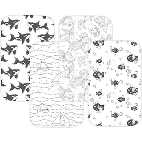 TansyPanda Bassinet Sheets for Angelbliss, Koolerthings, Koola Baby Bassinet Bedside Sleeper, 3 Pack, 33x20 inch, Ultra Soft, Breathable, Snug Fit, Unisex Boys Girls, Gray White (Ocean Fish Theme)