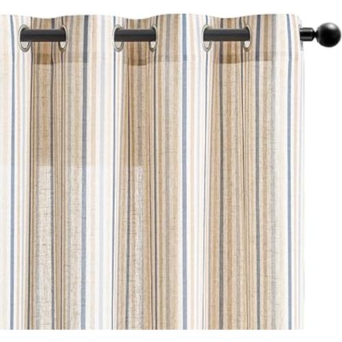 Vangao Linen Striped Curtains for Living Room Bedroom Farmhouse Tickingstripe Light Filtering Window Curtains Printed Drapes Grommet Top 2 Panels Colorful Blue W55 x L84 Inch