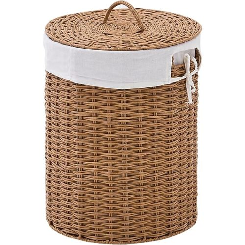 Round Wicker Laundry Hamper with Lid Handwoven Rattan Basket with Handles for Dirty Clothes, 2 Washable Liner Bags, No Assembly Required, Washable Basket, 40L