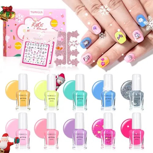 TOMICCA Kids Nail Polish Set, Non Toxic Quick Dry Water-Based Peel-Off 10 Colors Toddler Nail Polish Kit Natural Safe Quick Diy Nail Polish Gifts Kit for Girls Ages 5+ Gift