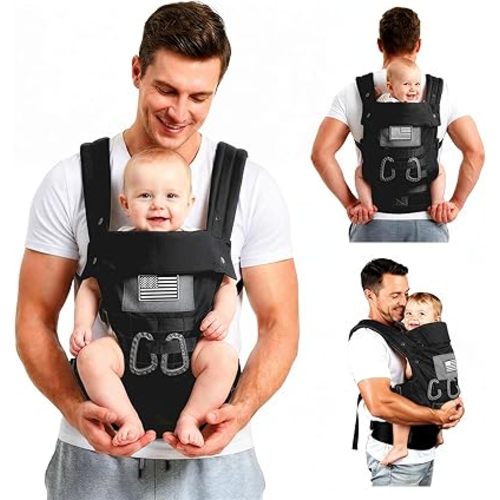 Baby Carrier, Lumbar Support Infant Carrier (0-36M, 8-33 lbs) with Foldable Headrest Carabiners for Big and Tall Parents, Men, Women (Black)