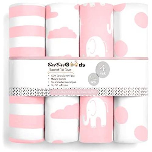 Bassinet Bed Sheets – Premium Bassinet Fitted Sheets 4 Pack – 100% Jersey Knit Cotton Cradle Sheets – Bassinet Bedding for Standard Size Oval or Halo Bassinet Pads – Bassinet Sheet for Girl