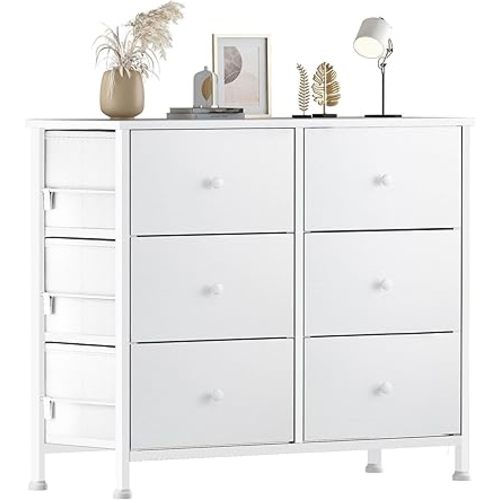 BOLUO White Dresser for Bedroom 6 Drawer Organizers Fabric Storage Chest Tower Small Dressers Unit for Closet Nursery Hallway Office, Kids and Adult Modern