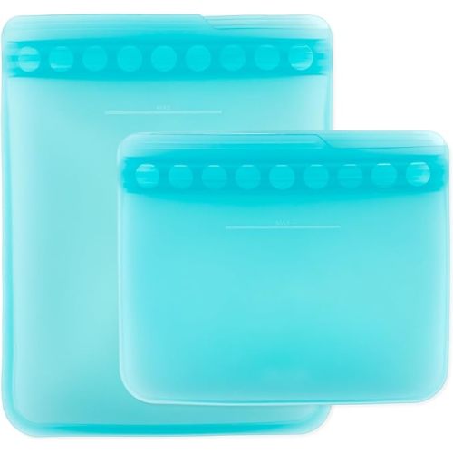 Bumkins Silicone Reusable Sandwich and Snack Bags, Storage, Food Prep, Lunch Bag, Washable Zip Bag, Microwave, Freezer and Dishwasher Safe, Travel, Leak Resistant, Sticky Lining Locks Out Air (Blue)