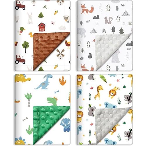 Tiamon 4 Pack Baby Blanket for Boys Girls 30 x 40 Inch Soft Double Layer Blankets with Dotted Backing Lovely Design Quilt for Unisex Toddler Newborn Forest Multicolor Printed (Animals)