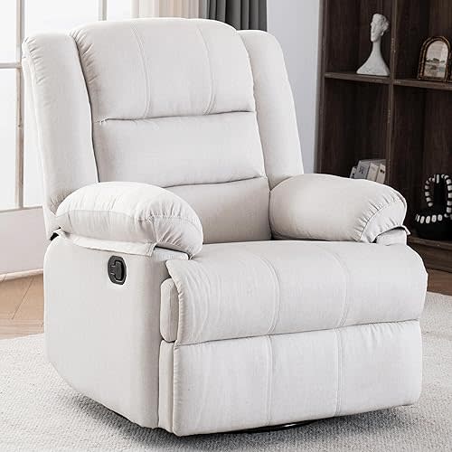 Swivel Rocking Recliner Chair for Adults, Overstuffed Manual Rocker Nursery Recliner Glider, Upholstered Fabric Reclining Single Sofa Chair for Living Room (Beige)