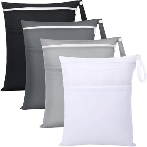 SATINIOR 4 Pack Wet Dry Bags for Baby Cloth Diapers Washable Travel Swimsuit Wet Bags Reusable with Two Zippered Pockets for Yoga Gym Swimsuits Travel Beach Pool Soiled Items(Basic Color)