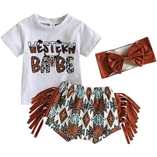 Fernvia Western Toddler Baby Girl Clothes Letter Short Sleeve T-Shirt Top + Tassel Shorts Outfits + Headband 3Pcs Set