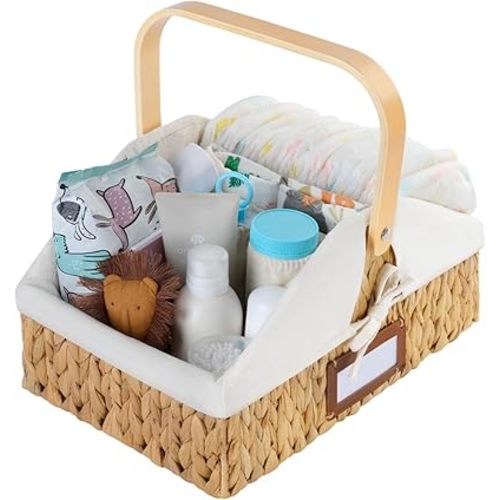 StorageWorks Wicker Diaper Caddy Organizer, Baby Diaper Caddy Basket with Liner, Handwoven Diaper Caddy for Car, Water Hyacinth Baby Toy Basket with Handles, 1 Pack