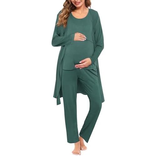 SWOMOG Maternity Nursing Robe Set 3 PCS Women Postpartum Pajamas Breastfeeding Labor Delivery Hospital Pregnancy Pjs