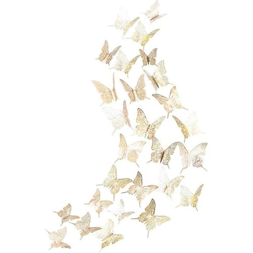 Cheerland 3D Champagne Gold Butterfly Wall Stickers Paper Butterflies Decal Decoration Removable Mural Stickers for Living Room Bed Room School Home Cake Decorations for Anniversary Engagement Party