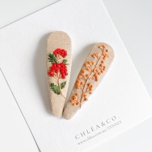 Set of 2 Embroidered Hair Clips Red Mable | Hand Embroidered | Vintage Linen Hair Clip | Cute Bow | Fringe Hair Clip | Unique Gift Girl