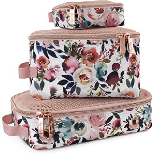 Itzy Ritzy Packing Cubes for Travel – Set of 3 Packing Cubes or Travel Organizers; Each Travel Cube Features a Mesh Top, Double Zippers and a Fabric Handle (Blush Floral)