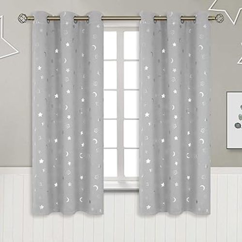 BGment Kids Curtains for Nursery, Star and Moon Blackout Curtains for Boys Girls Bedroom 63 Inch Long, Room Darkening Thermal Insulated Grommet Curtains for Baby, Linght Grey, 2 Panels, 42 x 63 Inch