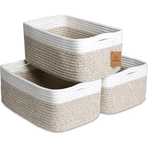 NaturalCozy 13.5”x8.5”x5.5” Storage Baskets for Shelves 3 Pack | Cotton Rope Woven Small Baskets for Organizing | Small Storage Bins for Nursery, Bathroom, Closet, Cube Shelf, Decorative, Gift