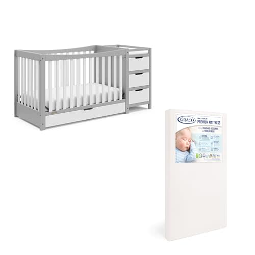 Graco Remi Crib & Mattress Nursery Essentials Pack (Pebble Gray & White) – GREENGUARD Gold Certified Baby Crib & Crib Mattress, Cribs with Mattress Included, Convertible Crib, Baby Mattresses for Crib