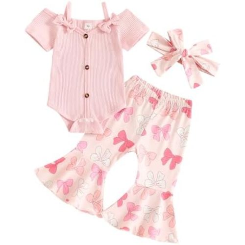 Fernvia Infant Baby Girl Clothes Suspenders Short Sleeve Ribbed Romper Flared Pants Set Headband 3pcs Summer Outfit