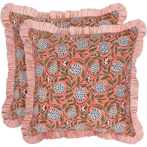 Ridhi Modern Farmhouse Pillow Covers Decorative Cotton Throw Pillow Covers Set of 2 Dark Salmon Pink Cushion Covers with Ruffle for Couch Sofa Bed Living Room Spring Home Decor 20x20