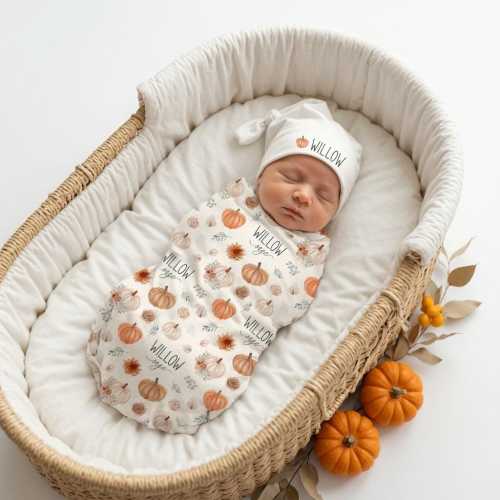 Personalized Fall Pumpkin Baby Blanket Set | Custom Name Swaddle, Knotted Hat or Headband | Minky Baby Blanket | Fall Newborn Gift