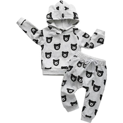 Toddler Baby Boy Clothes Infant Long Sleeve Bear Print Tops + Pants Sweatsuit Outfits - 6-9 Months - Hoodie Grey