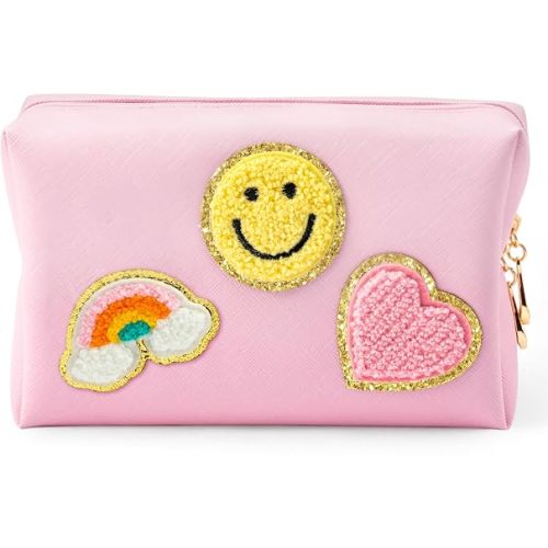 LieToi Preppy Patch Small Toiletry Bag, Smile Rainbow Heart PU Leather Portable Waterproof Makeup Cosmetic Bag Daily Use Storage Purse Travel Organizer Compliant Bag for Women Girls (Light Pink)