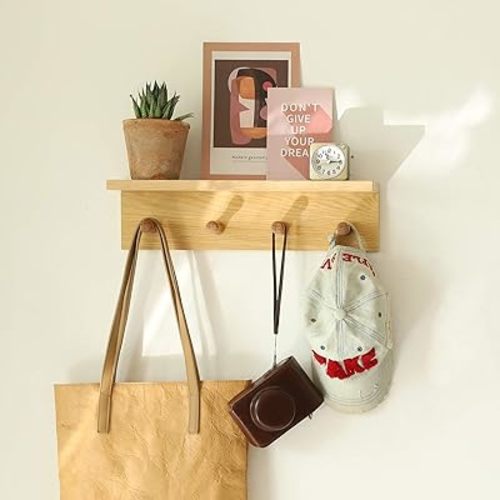 Wall Mount Coat Rack with Shelf, Sturdy Wooden Floating Shelf withHooks Save Your Indoor Space, Wall Organizer siutable for Entryway, Mudroom,Kitchen, Bathroom, etc(Oak Finish)