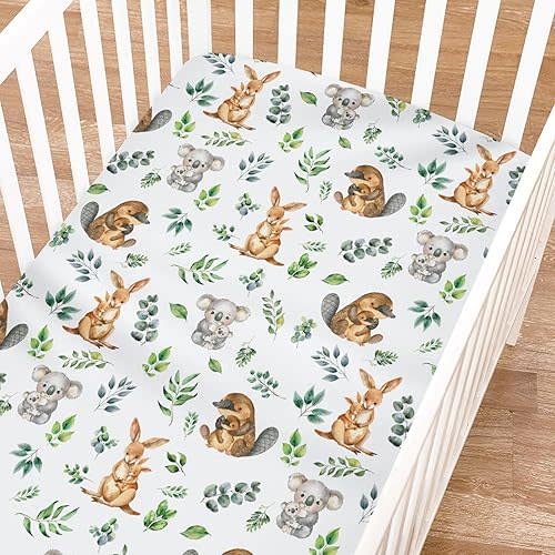 Baby Australian Animals Crib Sheets for Girl Boy 52"x28" Koala Kangaroo Green Leaves Crib Mattress Covers Soft Breathable Fitted Nursery Baby Bed Sheets Fits Standard Crib and Toddler Mattress