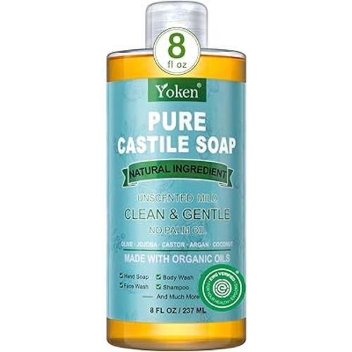 Pure Castile Liquid Soap Organic (EWG Verified, Unscented, 8 OZ), Made with Organic Oils, No Added Fragrance, Vegan, Castile Soap Liquid for Face, Laundry, Dishes, Sensitive Skin, Travel soaps