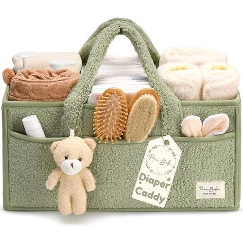 PeraBella Baby Diaper Caddy Organizer for Changing Table, Baby Storage Basket for Diapers and Baby Wipes, Gift for Baby Shower, Car Caddy Organizer, Nursery Diaper Organizer, Portable Diaper Storage - Extra Large - Lily Green