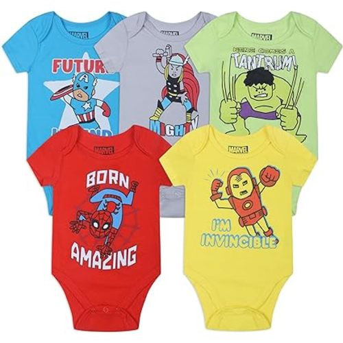 Marvel Avengers Baby Boys 5 Pack Short Sleeve Bodysuit for Newborn and Infants
