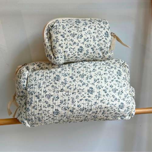 Quilted Makeup Bag Set | Blue Floral Cotton Pouch, Vintage Travel Organizer with Zipper