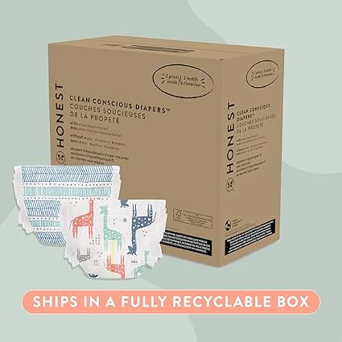 The Honest Company Clean Conscious Diapers | Plant-Based, Sustainable | Dots & Dashes + Multi-Colored Giraffes | Super Club Box, Size 1 (8-14 lbs), 136 Count