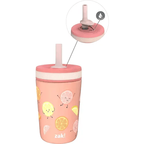 Zak Designs Kelso Tumbler Toddler Cup For Travel or At Home, 12oz Vacuum Insulated Stainless Steel Sippy Cup With Leak-Proof Design is Perfect For Kids (Happy Fruit)
