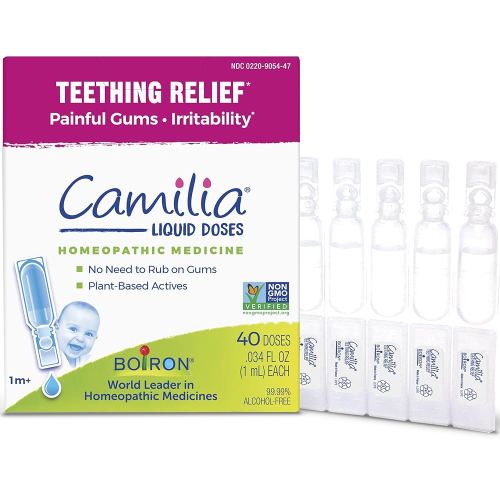 Boiron Camilia Teething Drops for Daytime and Nighttime Relief of Painful or Swollen Gums and Irritability in Babies - 40 Liquid Droppers Bundled in 8 separate packs of 5