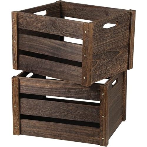 Wooden Crates 2 Pack, Rustic Handmade Wood Crate with Handles, Durable Large Wooden Crates for Display & Decor, Brown