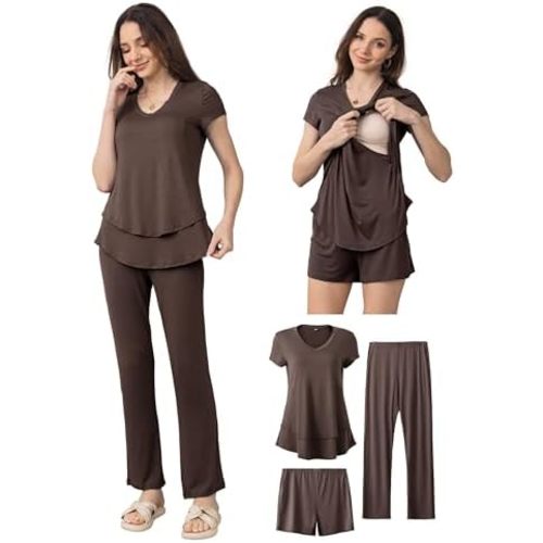 SUNNYBUY 3 PCS Maternity Breastfeeding Pajamas Set, Hidden Nursing Tops, Adjustable Pregnancy Shorts & Pants Postpartum PJS