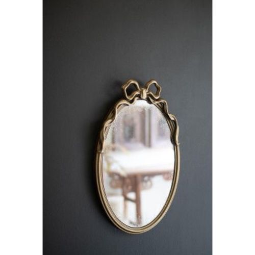 Framed Antique Glass Wall Mirror with Bow 20.5"H Distressed Gold Metal by Kalalou