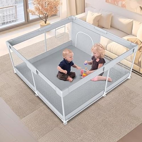 Baby Playpen 50" x 50" Baby Play Yard Playpen for Babies and Toddlers with Zipper Gate Indoor & Outdoor Baby Fence Safety Baby Activity Center with Breathable Mesh Non-Slip Play Pen