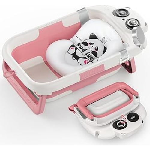 Foldable Baby Bathtub, Lightweight Bathtub for Infants to Toddlers with Soft Cushion & Thermometer, Portable Baby Tub Newborn to Toddler 0-24 Months(Pink)