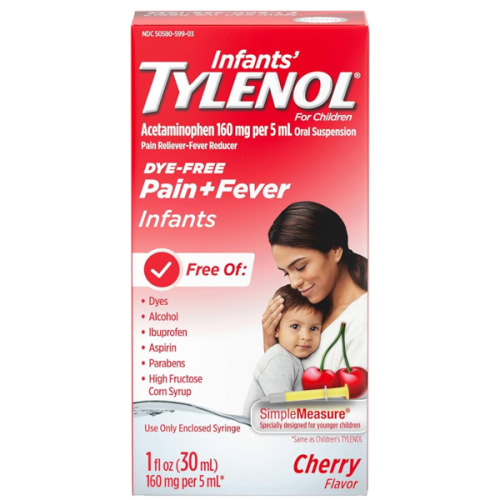 Tylenol Infants Oral Suspension Liquid Medicine with Acetaminophen, Baby Fever Reducer & Pain Reliever for Minor Aches & Pains, Sore Throat, Headache & Teething Pain, Dye-Free Cherry, 1 fl. oz
