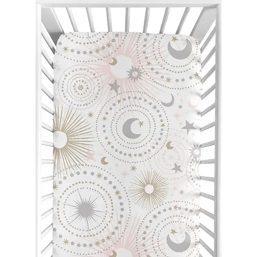Blush Pink, Gold, Grey and White Star and Moon Baby or Toddler Fitted Crib Sheet for Celestial Collection by Sweet Jojo Designs
